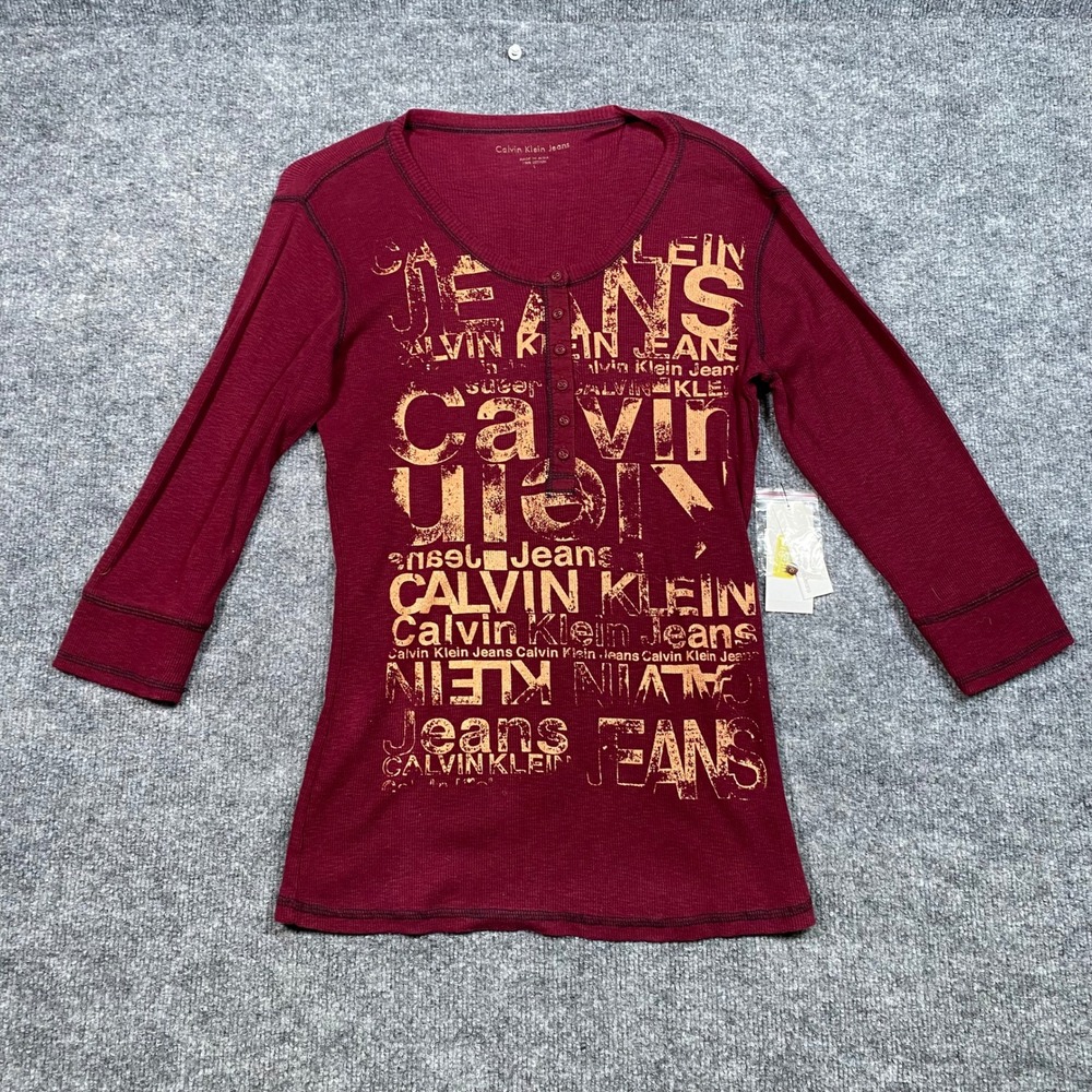 Calvin Klein‎ Jeans Womens Deep Garnet Logo Henley Thermal Top WF38U42 NWT L